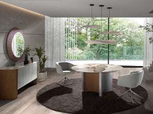 Round dining table in porcelain marble, walnut and silver wood