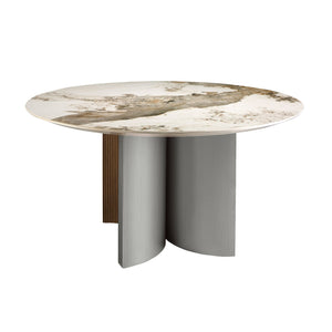 Round dining table in porcelain marble, walnut and silver wood