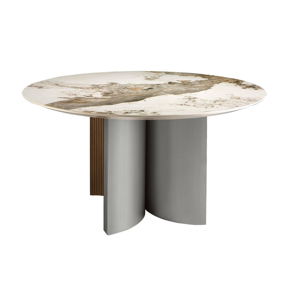 Round dining table in porcelain marble, walnut and silver wood