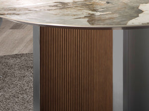 Round dining table in porcelain marble, walnut and silver wood