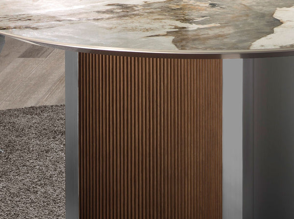Round dining table in porcelain marble, walnut and silver wood