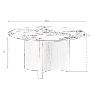 Round dining table in porcelain marble, walnut and silver wood