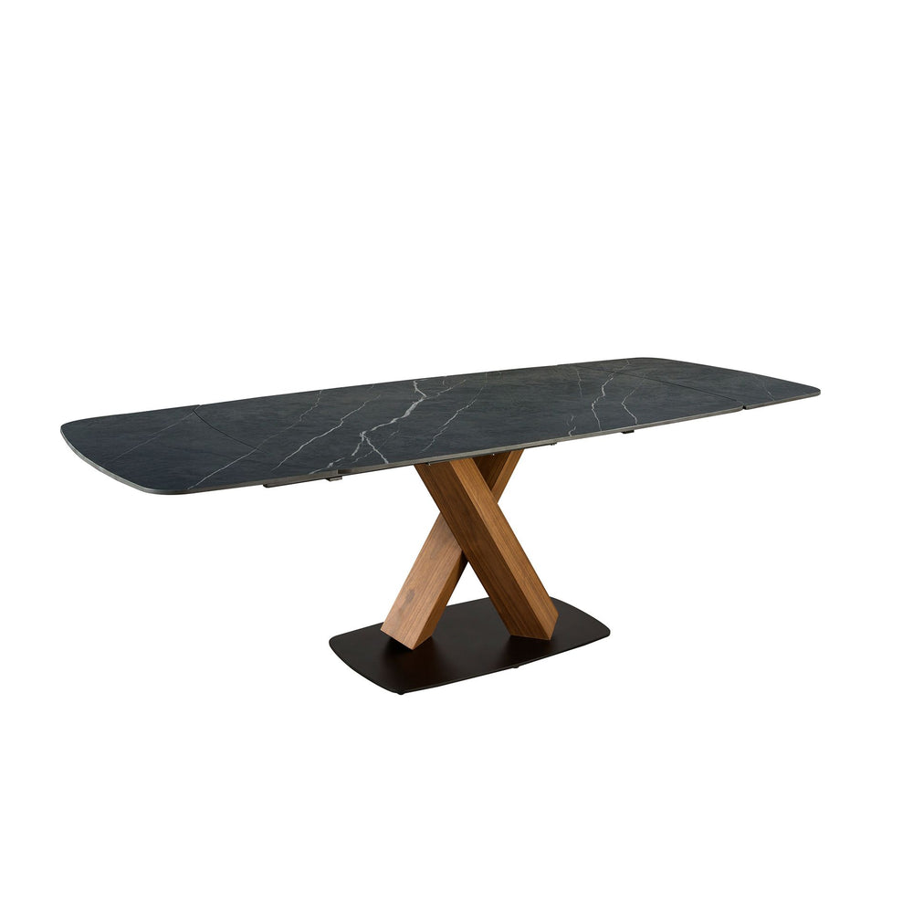 Extendable oval dining table with porcelain marble and walnut barrel