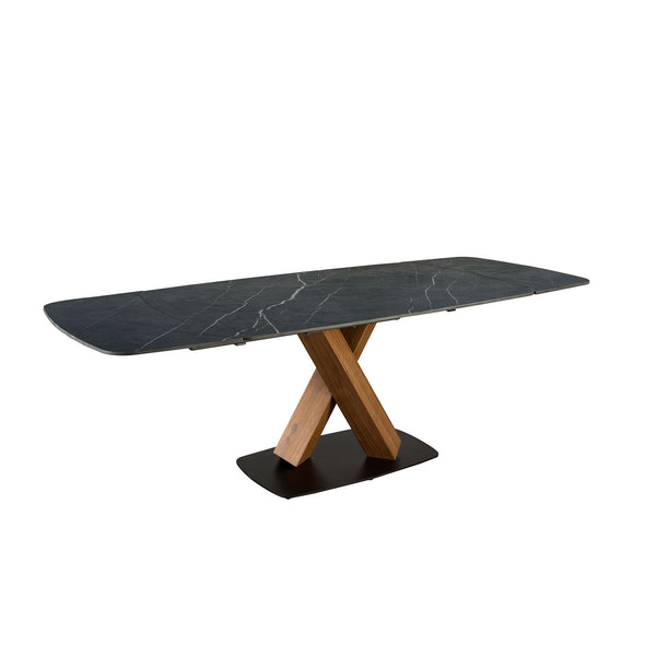 Extendable oval dining table with porcelain marble and walnut barrel