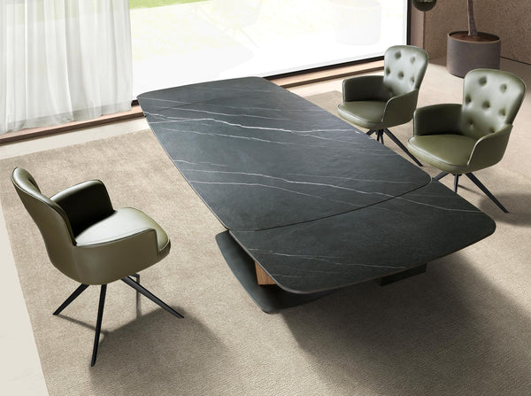 Extendable oval dining table with porcelain marble and walnut barrel