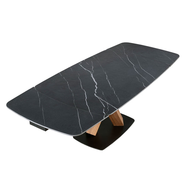 Extendable oval dining table with porcelain marble and walnut barrel