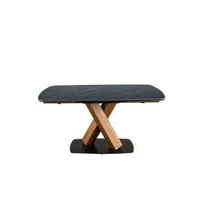Extendable oval dining table with porcelain marble and walnut barrel