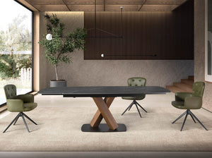 Extendable oval dining table with porcelain marble and walnut barrel