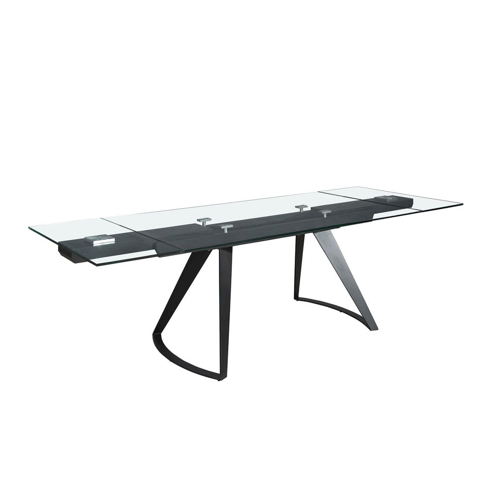 Rectangular extendable dining table in tempered glass and black steel