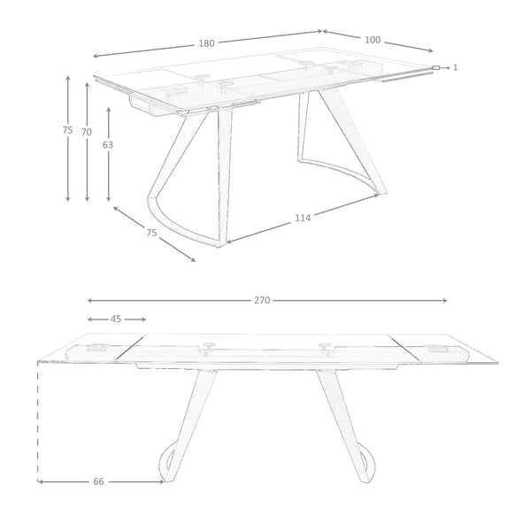 Rectangular extendable dining table in tempered glass and black steel