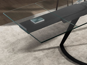 Rectangular extendable dining table in tempered glass and black steel