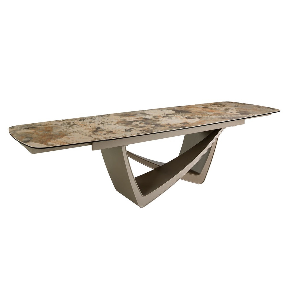 Extendable oval dining table in marble, porcelain, and taupe metallic steel