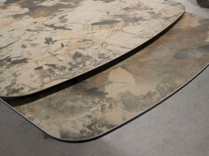 Extendable oval dining table in marble, porcelain, and taupe metallic steel