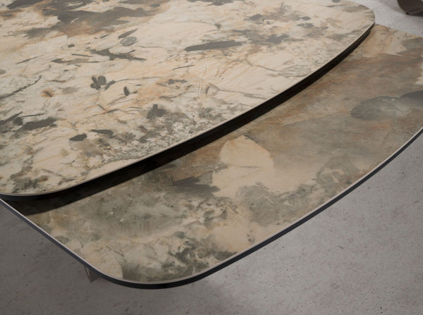 Extendable oval dining table in marble, porcelain, and taupe metallic steel