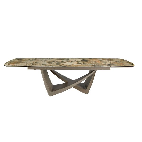 Extendable oval dining table in marble, porcelain, and taupe metallic steel