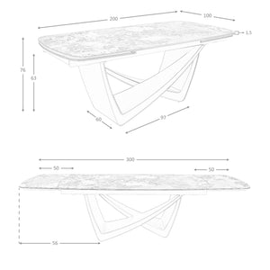 Extendable oval dining table in marble, porcelain, and taupe metallic steel