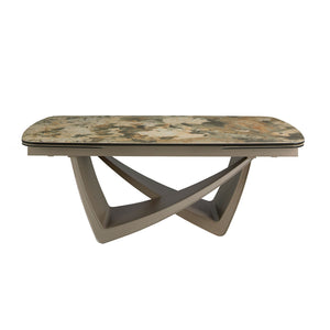 Extendable oval dining table in marble, porcelain, and taupe metallic steel