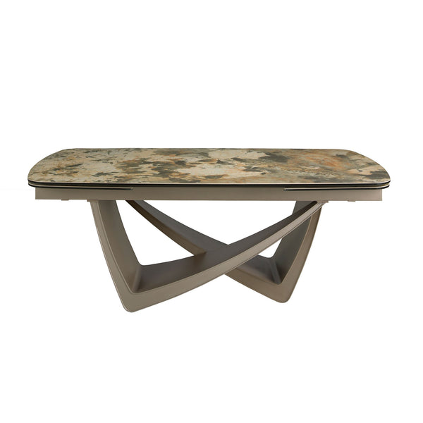 Extendable oval dining table in marble, porcelain, and taupe metallic steel