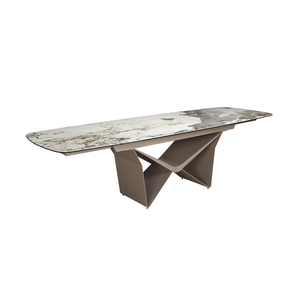 Extendable oval dining table in marble, porcelain, and taupe metallic steel