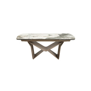 Extendable oval dining table in marble, porcelain, and taupe metallic steel