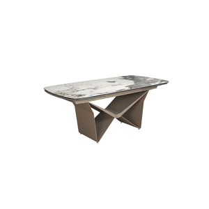 Extendable oval dining table in marble, porcelain, and taupe metallic steel