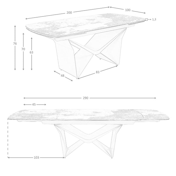 Extendable oval dining table in marble, porcelain, and taupe metallic steel