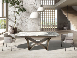 Extendable oval dining table in marble, porcelain, and taupe metallic steel