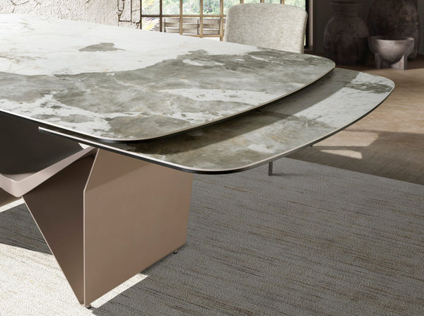 Extendable oval dining table in marble, porcelain, and taupe metallic steel