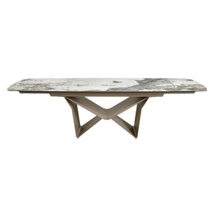 Extendable oval dining table in marble, porcelain, and taupe metallic steel