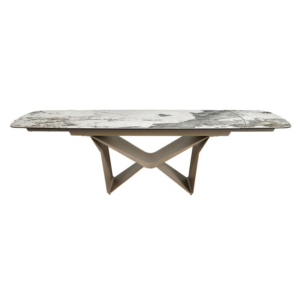Extendable oval dining table in marble, porcelain, and taupe metallic steel