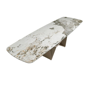 Extendable oval dining table in marble, porcelain, and taupe metallic steel