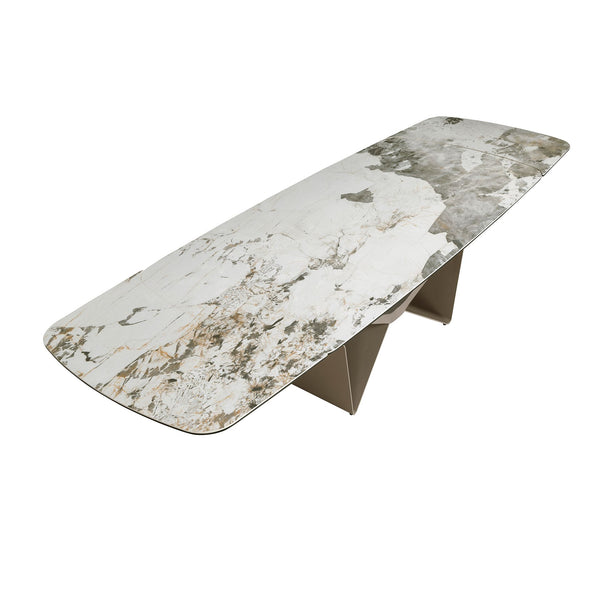 Extendable oval dining table in marble, porcelain, and taupe metallic steel