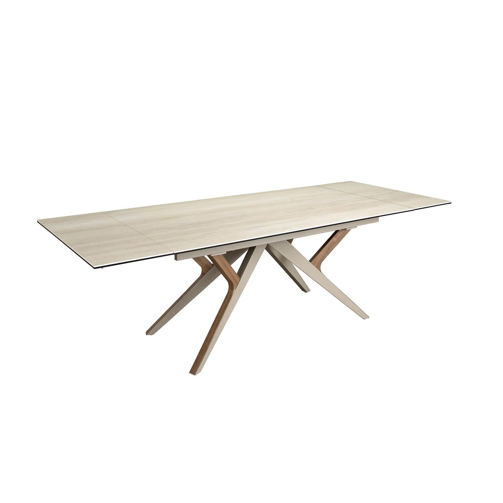 Extendable rectangular dining table in porcelain marble, metallic sand steel and walnut