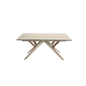 Extendable rectangular dining table in porcelain marble, metallic sand steel and walnut