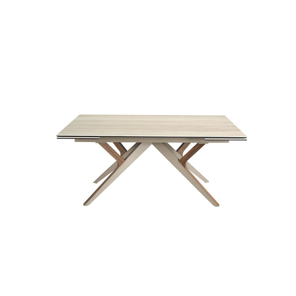 Extendable rectangular dining table in porcelain marble, metallic sand steel and walnut