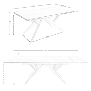 Extendable rectangular dining table in porcelain marble, metallic sand steel and walnut