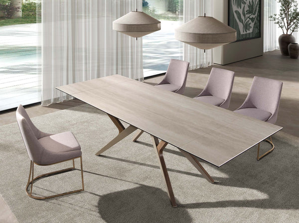 Extendable rectangular dining table in porcelain marble, metallic sand steel and walnut