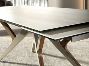Extendable rectangular dining table in porcelain marble, metallic sand steel and walnut