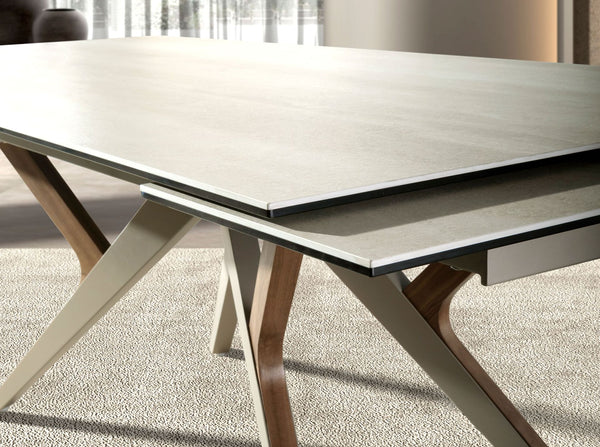 Extendable rectangular dining table in porcelain marble, metallic sand steel and walnut