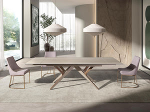 Extendable rectangular dining table in porcelain marble, metallic sand steel and walnut