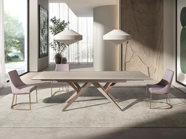 Extendable rectangular dining table in porcelain marble, metallic sand steel and walnut