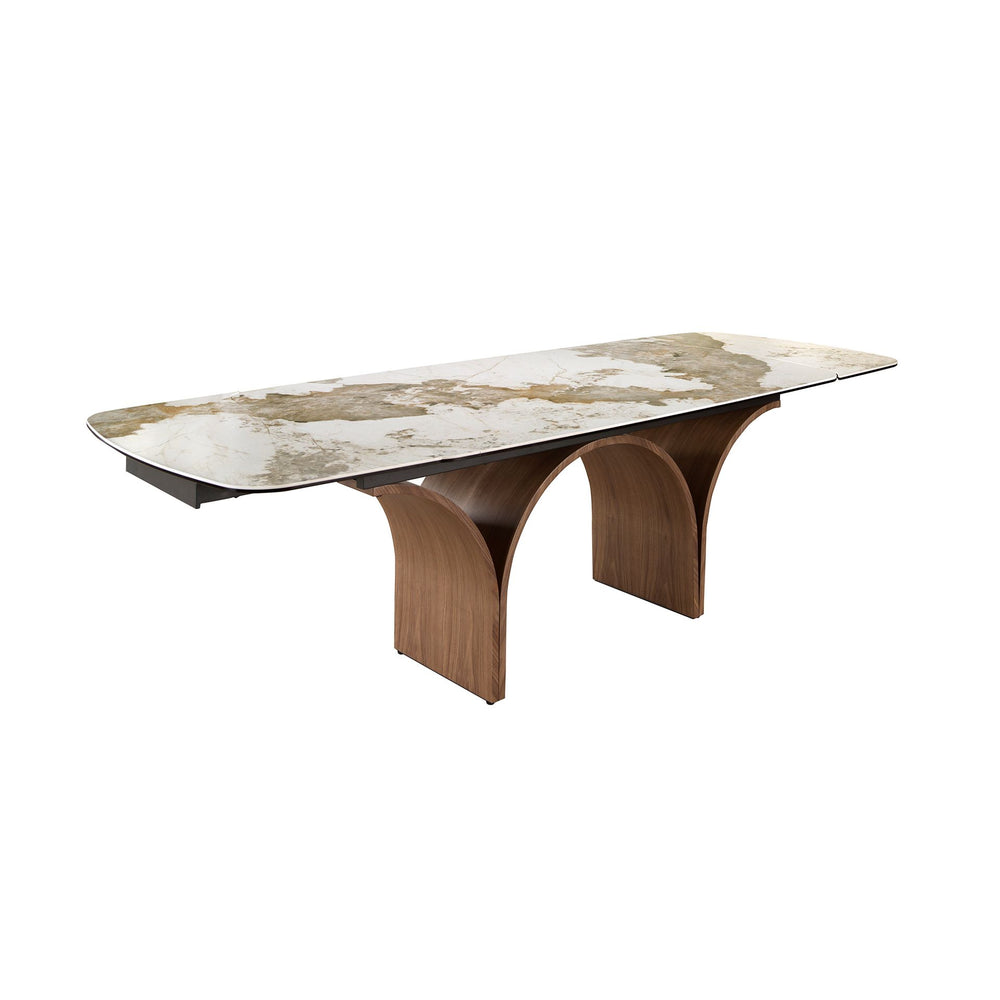 Rectangular extendable dining table in porcelain marble and walnut-effect steel