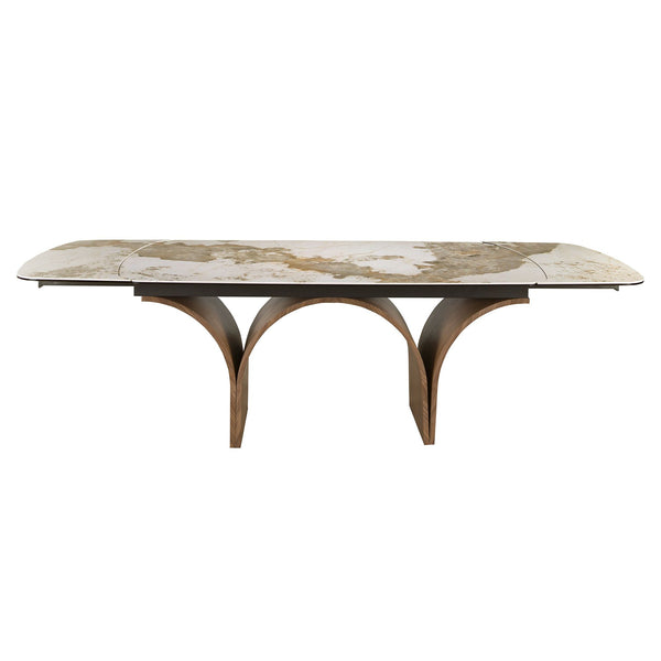 Rectangular extendable dining table in porcelain marble and walnut-effect steel