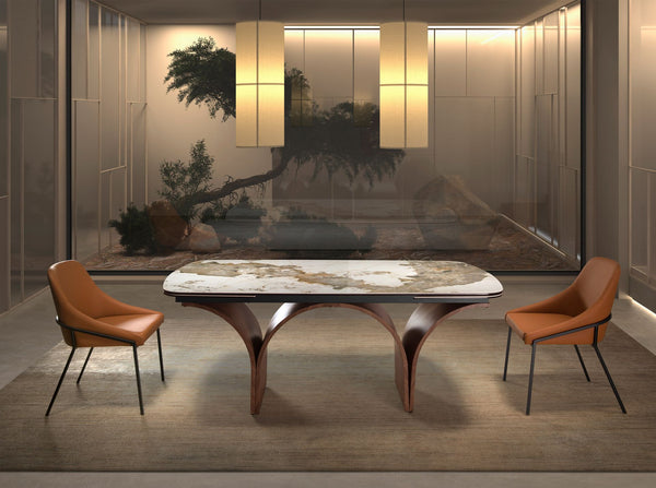 Rectangular extendable dining table in porcelain marble and walnut-effect steel