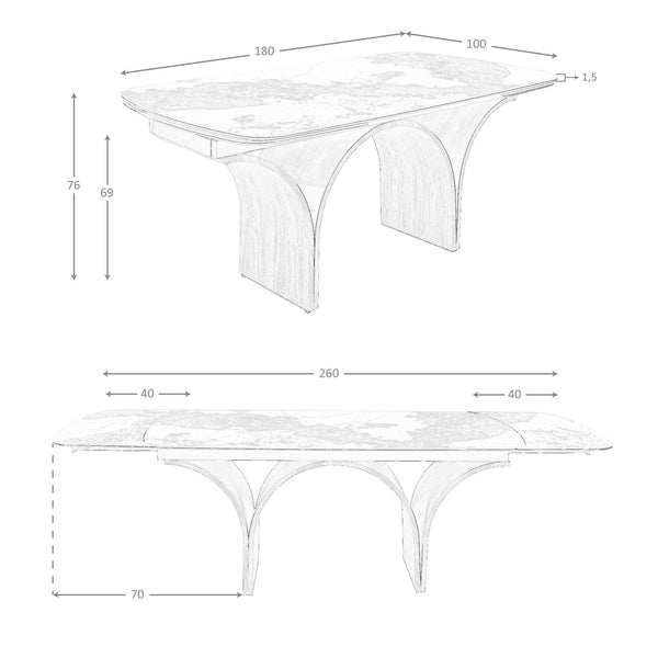 Rectangular extendable dining table in porcelain marble and walnut-effect steel