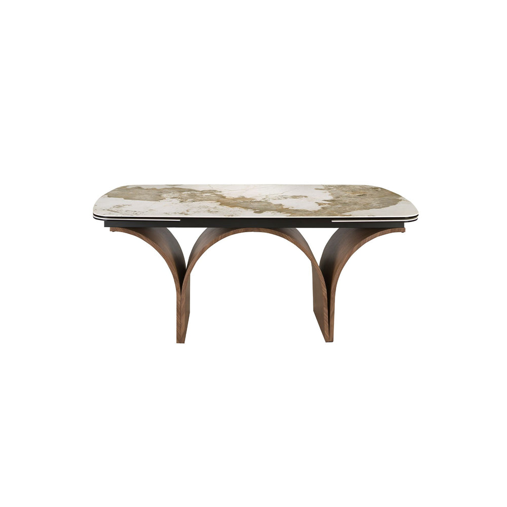 Rectangular extendable dining table in porcelain marble and walnut-effect steel
