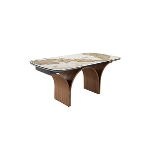 Rectangular extendable dining table in porcelain marble and walnut-effect steel