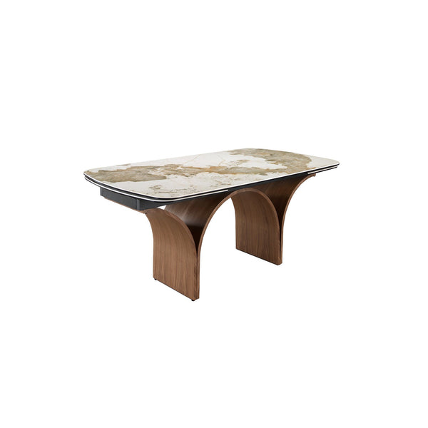 Rectangular extendable dining table in porcelain marble and walnut-effect steel