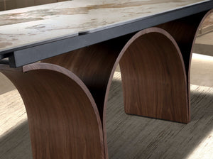 Rectangular extendable dining table in porcelain marble and walnut-effect steel