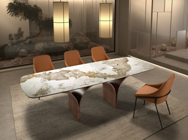 Rectangular extendable dining table in porcelain marble and walnut-effect steel